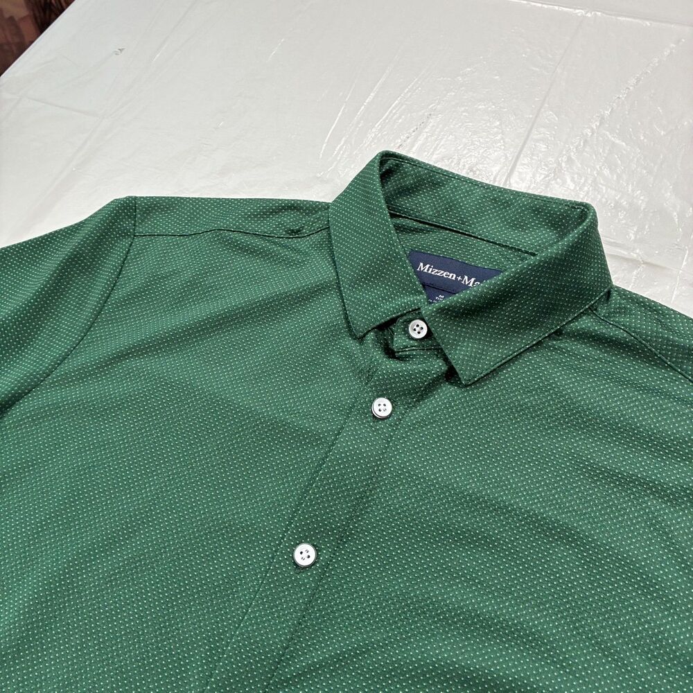 Mizzen+Main Shirt Mens Med Green  Polka Dot Short Sleeve Button Up Trim Stretch
